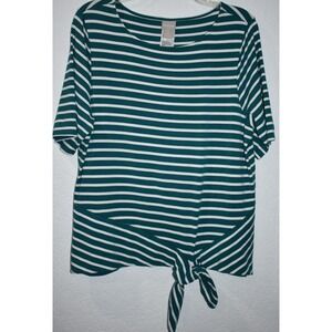 Chicos Top 2=(Large) Green White Stripe Short Slv Stretch Pullover Tie front